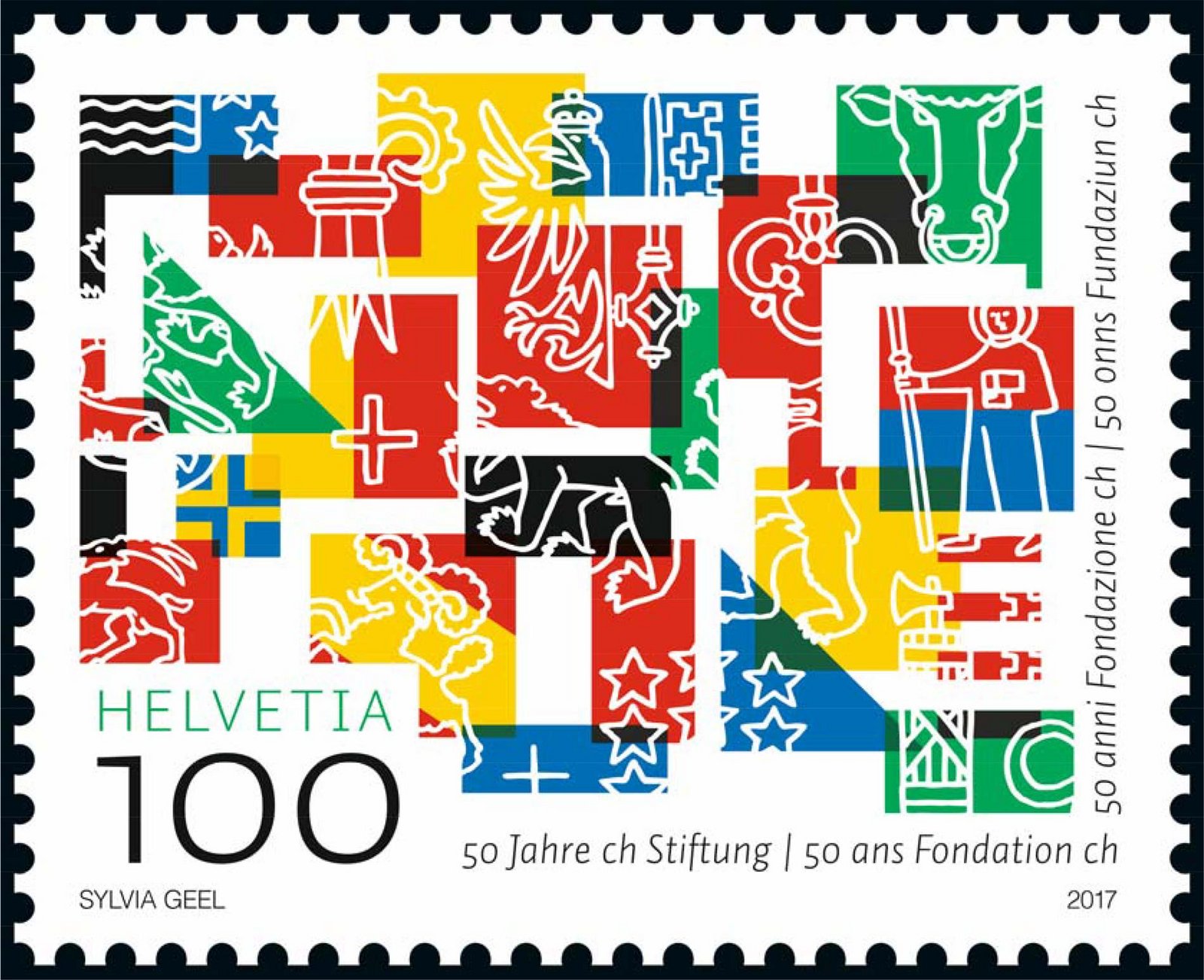 Auf dieser vielfarbigen Briefmarke sind die Farben und Symbole der Wappen der 26 Schweizer Kantone neu geordnet und vermischt worden.